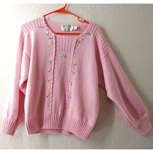 Vintage 80s Sweater Pink Susan Bristol Embroidered Cotton Blend Size UK 40 US 8